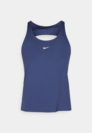 Navyblaues sportliches Tanktop aus elastischem Stoff. Es verfügt über einen runden Halsausschnitt und ein Ausschnitt-Detail auf der Rückseite. Enthält ein weißes Logo-Akzent.