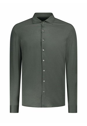 Chemise à manches longues en tissu vert foncé. Dotée d'un col, de sept boutons et de poignets ajustés. Texture lisse.