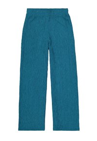 Turquoise, wijde broek gemaakt van een gestructureerde stof; heeft een elastische tailleband en een losse pasvorm over de benen.