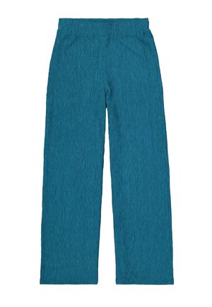 Türkisfarbene weit geschnittene Hose aus strukturiertem Stoff; verfügt über einen elastischen Bund und eine lockere Passform über die Beine.