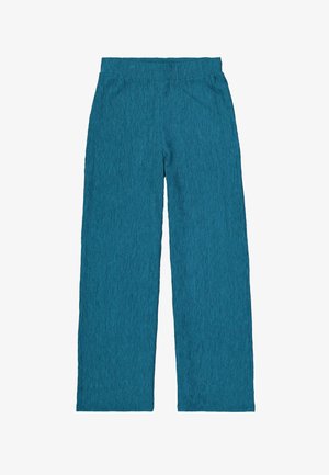 Türkisfarbene weit geschnittene Hose aus strukturiertem Stoff; verfügt über einen elastischen Bund und eine lockere Passform über die Beine.