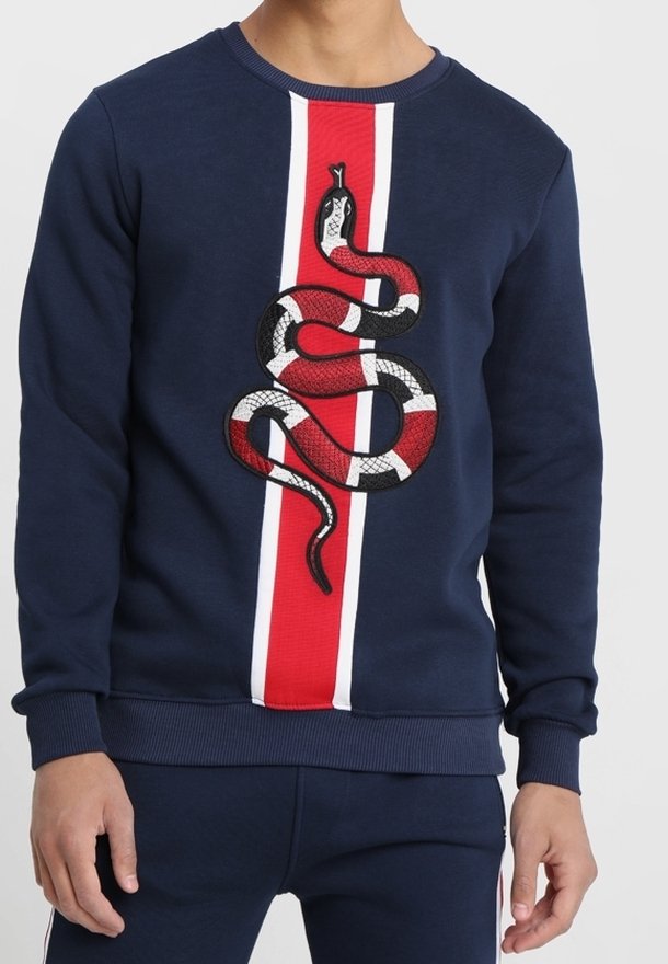 Sweat-shirt bleu marine avec une bande verticale rouge et blanche présentant un dessin de serpent enroulé rouge, blanc et noir à l'avant.