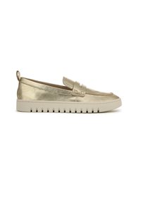 Metallic gold loafers with a rounded toe, elastic strap, and thick beige rubber sole featuring a textured tread pattern.