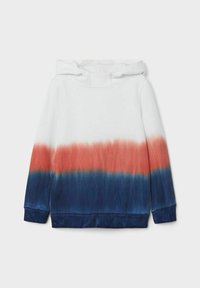 Bomuld sweatshirt med hætte, hvidt top, der falmer til rød og mørkeblå i bunden. Har lange ærmer og ribbet kant og manchetter.