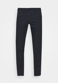 Pantalon slim-fit bleu foncé en tissu tissé. Avec poches avant, passants de ceinture et fermeture à bouton. Texture lisse avec un minimum de détails.