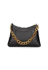 Zwarte gevoerde handtas met een gouden dikke kettinghendel en gaasaccent. Het ontwerp is zacht met een opvallende ritsluiting aan de bovenkant.