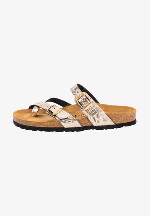 Two-strap sandal with a snakeskin pattern in metallic silver, featuring a cork footbed and black rubber outsole. Gold buckle accents.