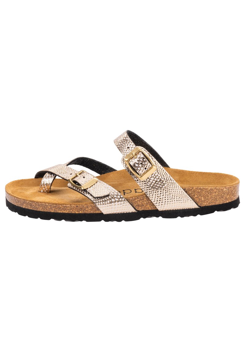 To-snorret sandal med et slangeskinds mønster i metallisk sølv, med en kork sål og sorte gummiyderside. Guldspænder som pynt.