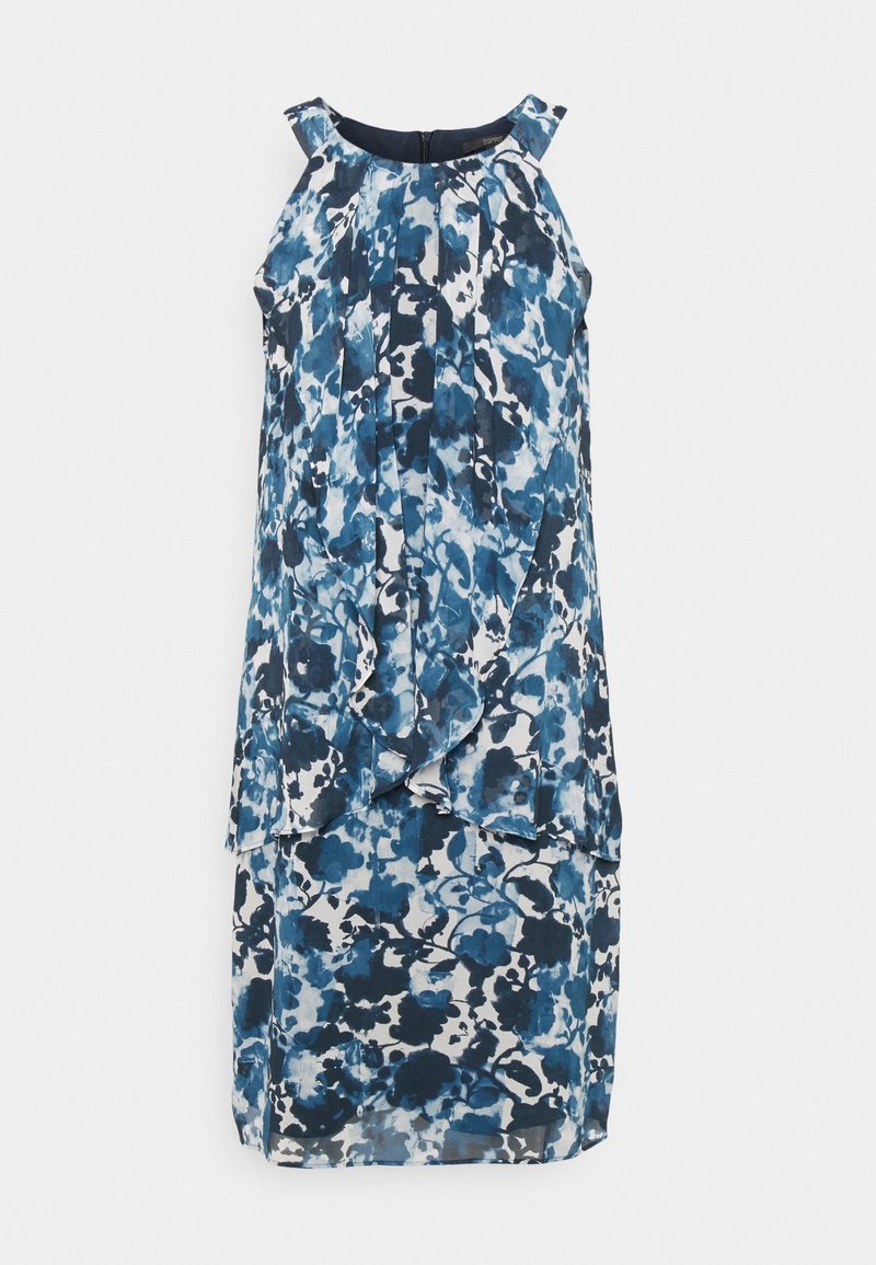 Robe sans manches bleue et blanche à motif floral avec un devant drapé superposé asymétrique et une fermeture éclair au dos.