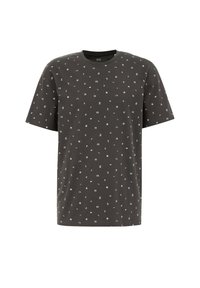 Mørkegrå kortærmet t-shirt lavet af bomuld, med et spredt geometrisk mønster i hvidt og lyseblå over det hele. Rund hals.