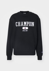 Black sweatshirt made of cotton blend, featuring white "CHAMPION ATHL. DEPT." text. Round neckline and ribbed cuffs. Classic fit design.