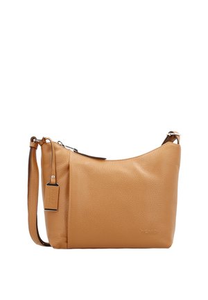 Sac bandoulière en cuir couleur camel avec bandoulière ajustable, fermeture éclair et nom de marque embossé "PICARD" en bas à droite sur le devant.