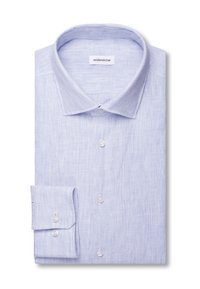 Chemise à rayures bleu clair et blanc à manches longues, col et poignets boutonnés, soigneusement pliée, étiquette de la marque à l’intérieur du col.