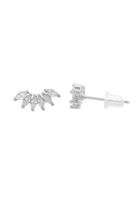 Orecchini in tono argento con pietre di zirconia cubica trasparenti a taglio marquise in un design floreale, con chiusura a perno e fermo in gomma trasparente.