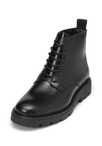 Black leather ankle boots featuring a round toe, lace-up front, padded collar, and rugged rubber sole with a textured finish.