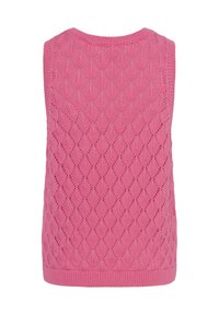 Veste sans manches en tricot rose avec motif ajouré en forme de losanges et ourlet et encolure côtelés, vue de dos.