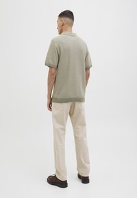 Kortermet grønn strikket polo skjorte med teksturert mønster, kombinert med lyse beige bukser og brune sko.