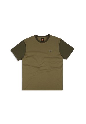 Olijfgroene katoenen T-shirt met korte mouwen, geribbelde ronde hals en klein olifantenlogo op de borst. Soepele textuur en comfortabele pasvorm.
