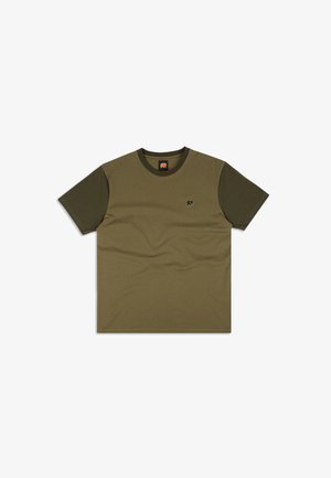 Olive green cotton t-shirt with short sleeves, ribbed crew neck, and small elephant logo on the chest. Smooth texture and relaxed fit.