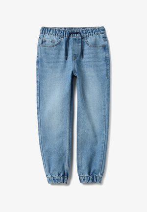Pantaloni jogger azzurri in denim, con vita elastica e coulisse, polsini elasticizzati e tasche anteriori.
