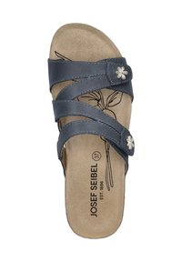 Sandal in pelle blu scuro con tre cinghie incrociate, decorazioni floreali e una soletta beige con il nome del marchio stampato. Taglia 37.