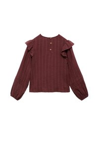 Maroon bluza dugih rukava s vertikalnim prugama, detaljima od volana na ramenima, tri dugmeta na leđima i nabranim manžetama na elastičnim rukavima.