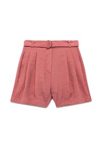 Shorts a vita alta color rosa polveroso con cintola, caratterizzati da pieghe, una consistenza liscia e un taglio dritto classico, privi di tasche.