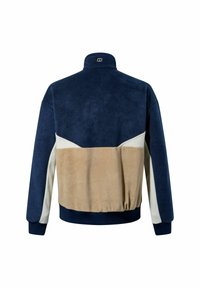 Marineblaues und beiges Fleecejackett mit hohem Kragen, farblich abgesetztem Design, elastischem Bund und kontrastierenden Akzenten an den Ärmeln.