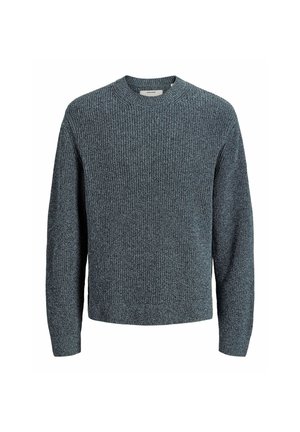 Pull en maille côtelée à manches longues, gris foncé, avec un col rond et une coupe légèrement ample, présenté sur fond blanc.