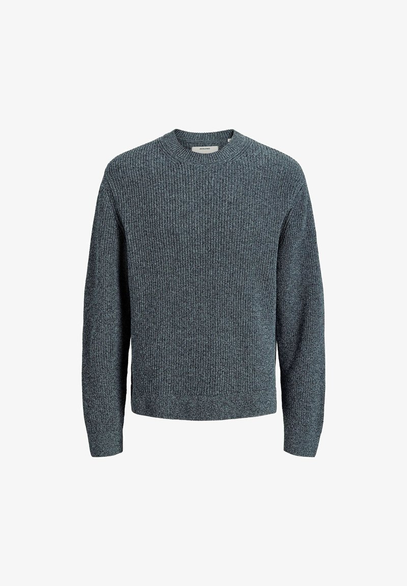 Pull en maille côtelée à manches longues, gris foncé, avec un col rond et une coupe légèrement ample, présenté sur fond blanc.