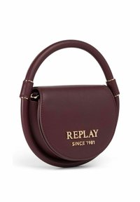 Sac à main rond bordeaux avec une poignée supérieure, fabriqué en cuir lisse. Présente un logo doré "REPLAY SINCE 1981" et un design minimaliste.