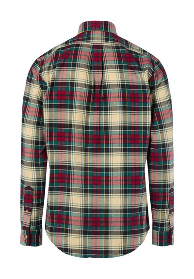 Gekleed overhemd in rood, groen en beige. Kenmerken een klassieke kraag, lange mouwen en een gebogen zoom. Gestructureerde stof met knoopmanchetten.