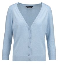 Ljusblå V-ringad knäppt cardigan med långa ärmar och ribbade muddar och fåll, visad mot vit bakgrund.