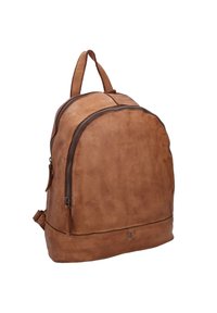 Zaino in pelle marrone con forma arrotondata, due zip e manico superiore; presenta una texture liscia e un branding minimal.