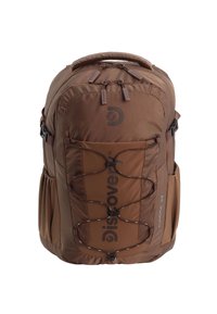 Brown nylon backpack with a textured finish, bungee cord detail on front, and side pockets. Features a top handle and padded straps.