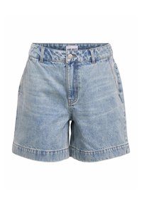 Shorts in denim azzurro chiaro con vita alta, orlo arrotolato e chiusura frontale con bottone. Presentano tasche laterali e una texture leggermente sbiadita.