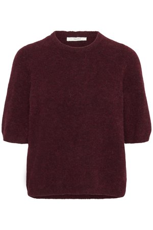 Short-sleeve, dark red fuzzy sweater with a round neckline, made by Gestuz, displayed against a white background.