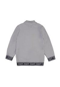 Felpa grigia con maniche lunghe, colletto a costine e cintura elastica nera con logo "BUGATTI". Tessuto liscio, design casual.