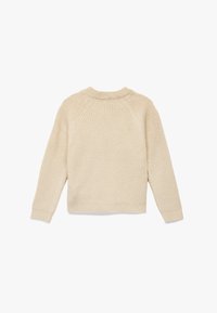 Sweter dziany w jasnym beżu; z okrągłym dekoltem, rękawami raglanowymi i teksturowanym materiałem; prosty design bez widocznych wzorów czy akcentów.