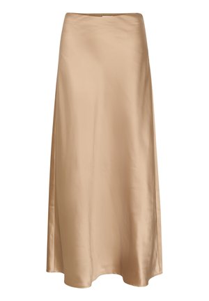 Gonna midi in satin di colore beige chiaro con una texture liscia e una leggera lucentezza. Presenta un alto punto vita e una silhouette fluida.