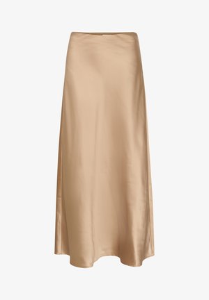 Satin midi skirt in a light beige color with a smooth texture and a subtle sheen. Features a high waistband and a flowing silhouette.