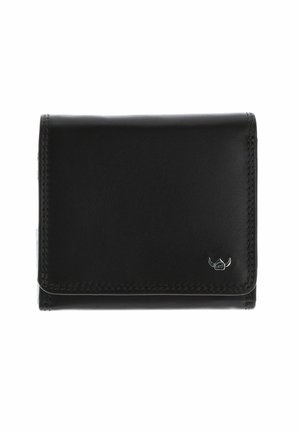 Black leather wallet with flap closure and small silver emblem on bottom right corner on white background.
