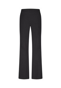 Zwarte gestreepte broek met een flared leg ontwerp. Bevat een tailleband en twee achterzakken. Gevoerd met textuur door de stof.