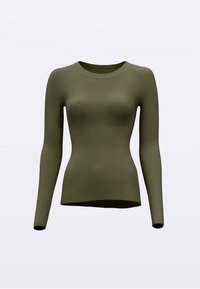 Olívazöld bordázott hosszú ujjú felső kerek nyakkivágással és testhez simuló szabással, sima textúrával és letisztult vonalakkal.