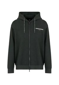 Felpa con zip grigia scura realizzata in tessuto morbido, dotata di cappuccio, con logo bianco "Armani Exchange" sul petto e lacci a contrasto.