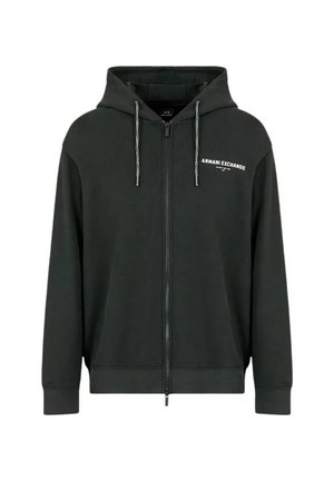 Donkergrijze rits hoodie gemaakt van zachte stof met een capuchon, voorzien van een wit "Armani Exchange" logo op de borst en contrasterende trekkoorden.
