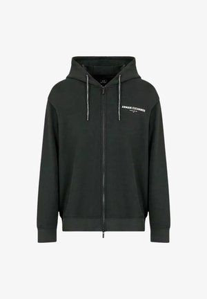 Felpa con zip grigia scura realizzata in tessuto morbido, dotata di cappuccio, con logo bianco "Armani Exchange" sul petto e lacci a contrasto.