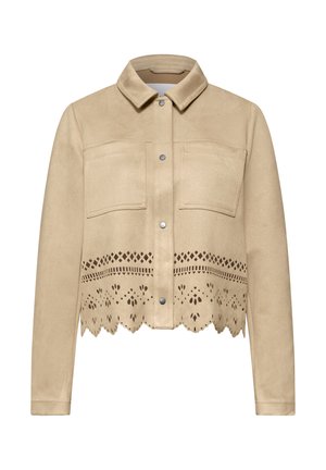 Giacca beige con bottoni, colletto, due tasche sul petto e dettagli floreali tagliati al laser lungo l'orlo smerlato.