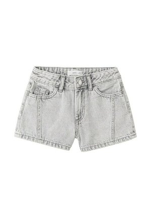 Shorts en denim gris clair avec bouton frontal, passants pour ceinture, deux poches avant et petite poche pour monnaie, posés à plat sur fond blanc.