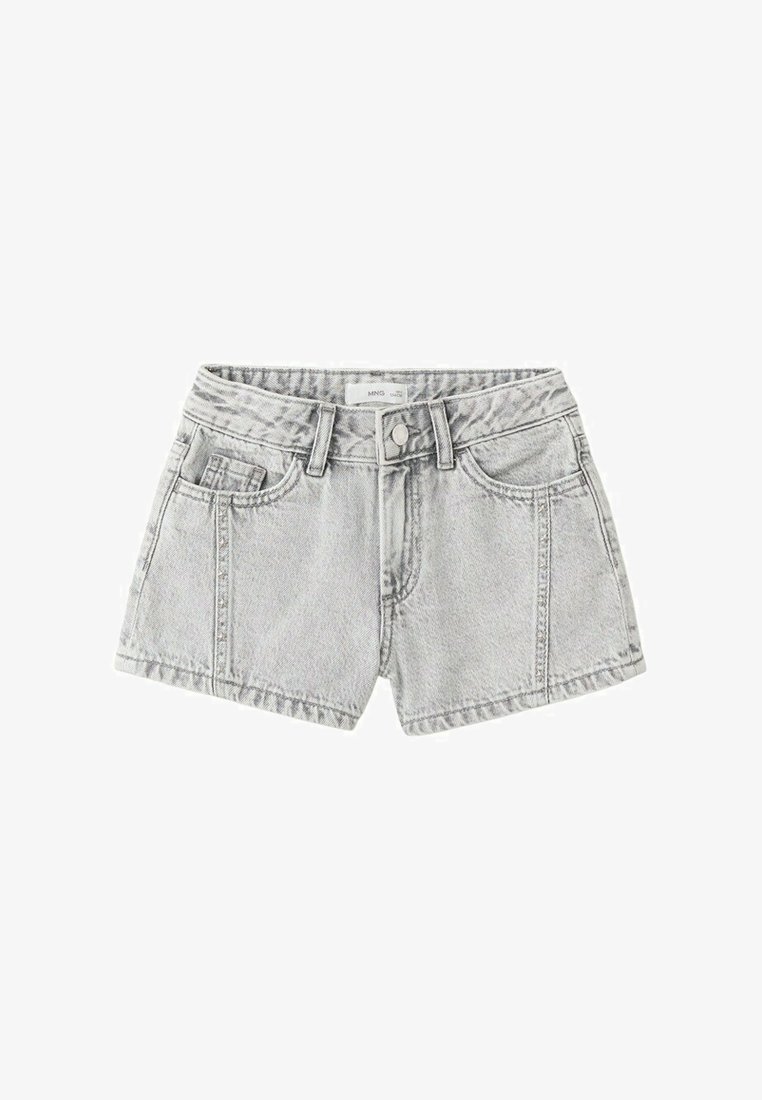 Shorts en denim gris clair avec bouton frontal, passants pour ceinture, deux poches avant et petite poche pour monnaie, posés à plat sur fond blanc.